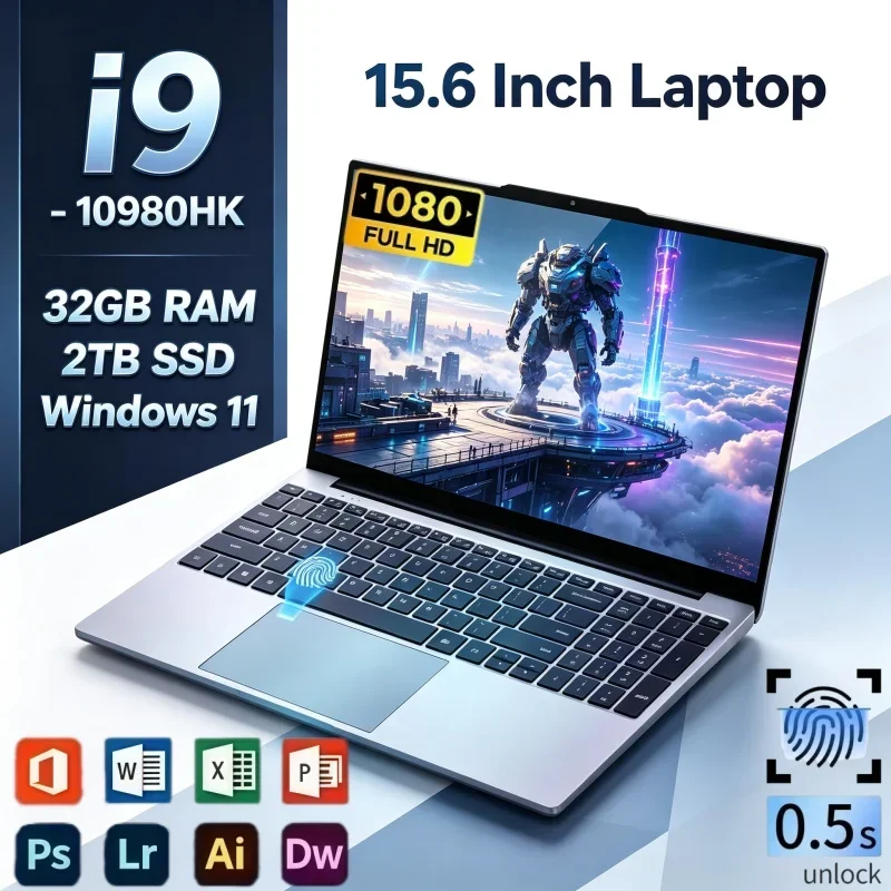 15.6 Inch Intel Core I9-10980HK 32GB RAM 2TB SSD Windows 11 Fingerprint Unlock Personal Computer For Daily Office And Gaming