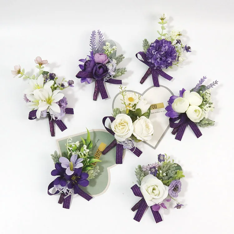 White Purple Men Wrist Corsage Wedding Boutonnieres Bride Wedding Wrist Corsage Bracelet Groom Ceremony Flower Party Decor