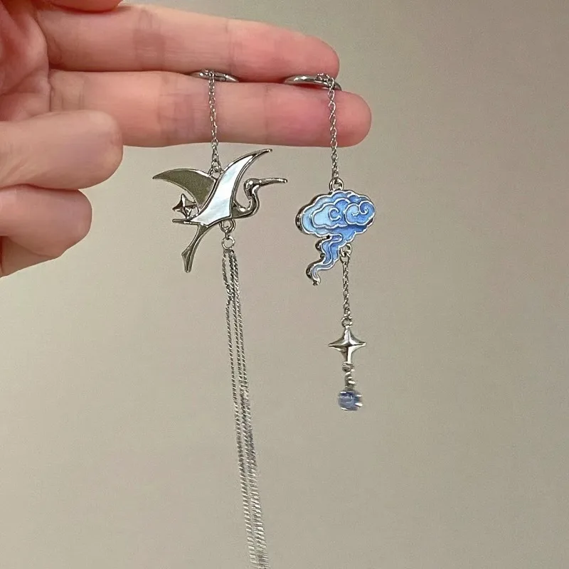 Classical New in Chinese Style tassels Pendant tiara Blue Auspicious Cloud Flying Bird Cloud Crane pin silver hairJewelry