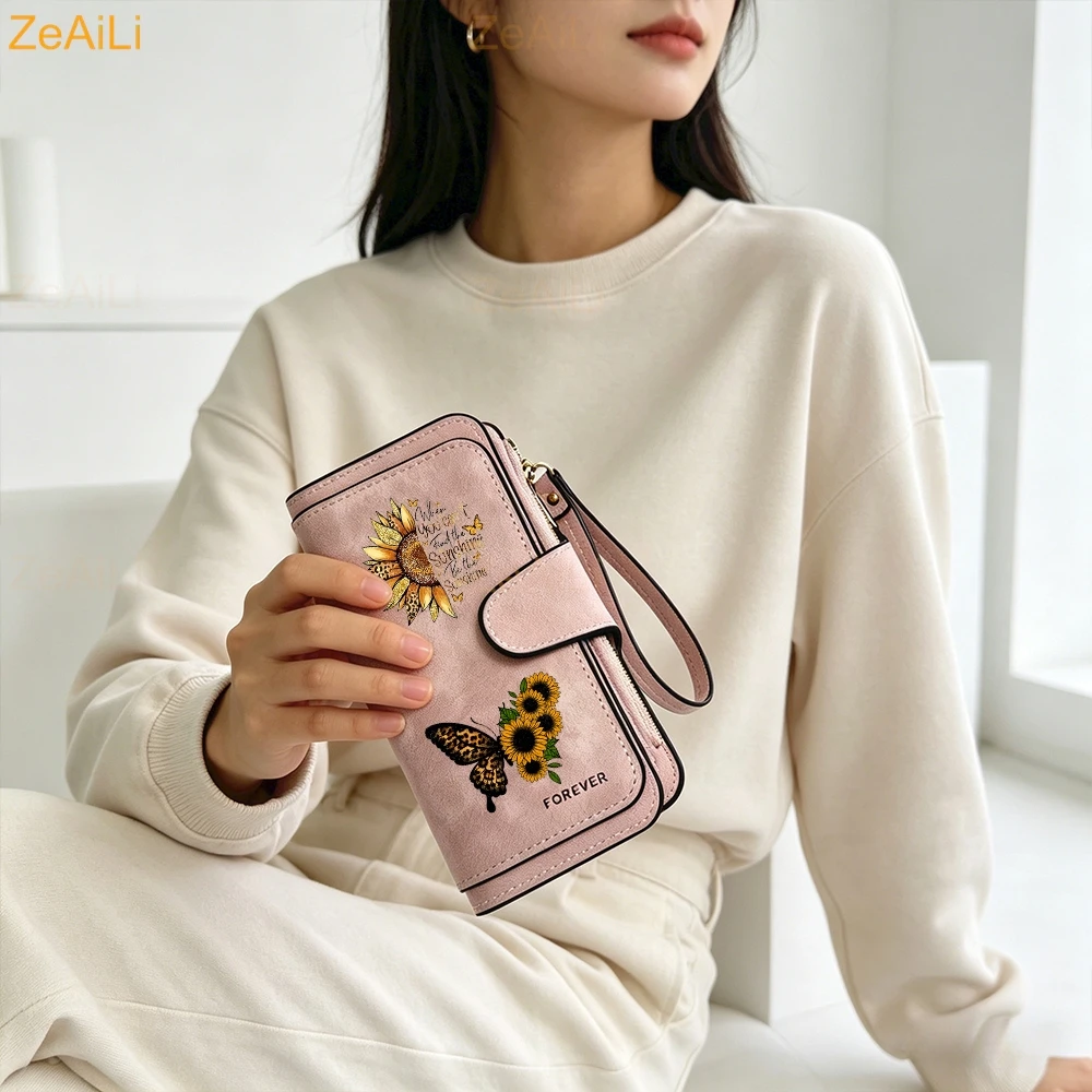 Sunflower Butterfly Pastoral Wind Damen-Geldbörsen aus Leder für Damen, langer Reißverschluss, große Damen-Clutch-Tasche, Damen-Geldbörse, Kartenhalter – Detail 6