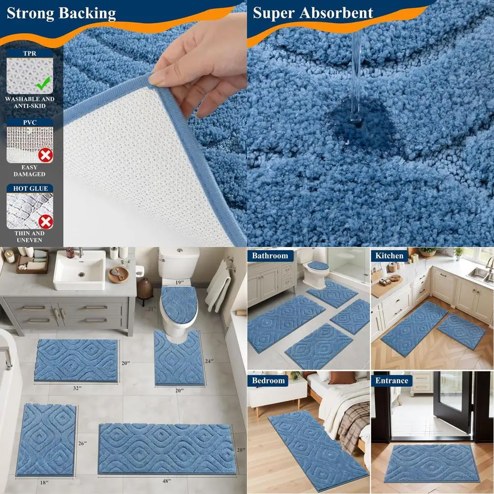 

5-Piece Luxury Bathroom Rug Set: Soft, Absorbent Mats, Non-Slip Bath Mat, Washable Toilet Cover, Plush Runner, U-Shape Toilet Ru