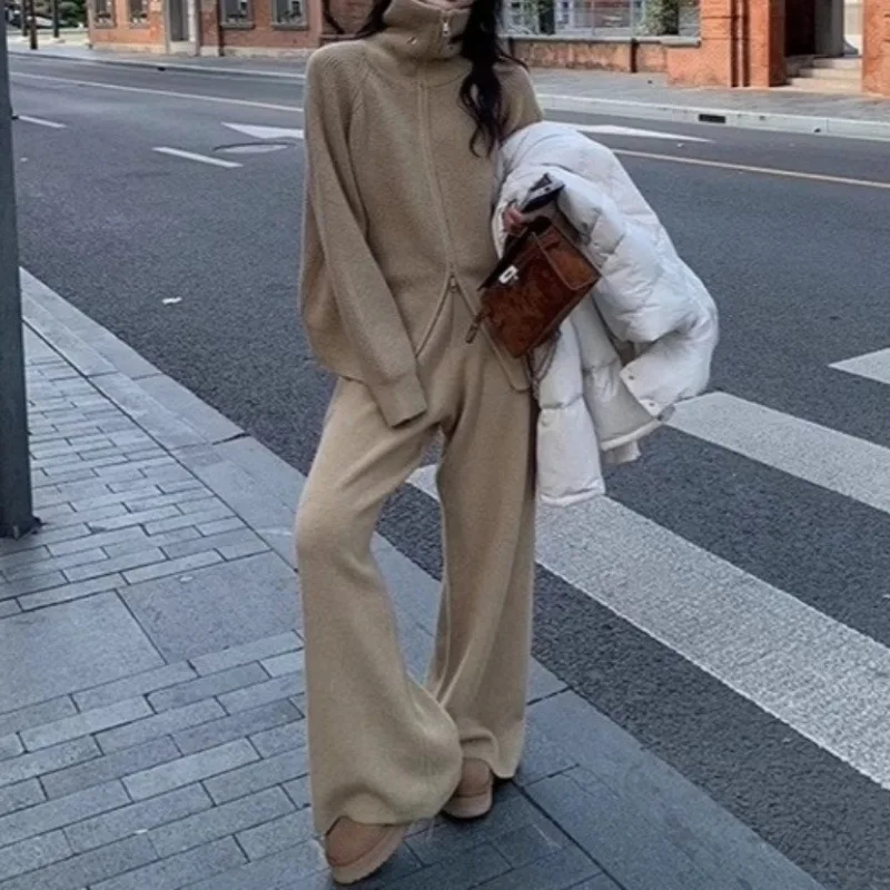 

Elegant Solid Color Knitted Pant Set Women Autumn Winter New Zipper High Collar Knitted Sweater Trousers Two Piece Set Female
