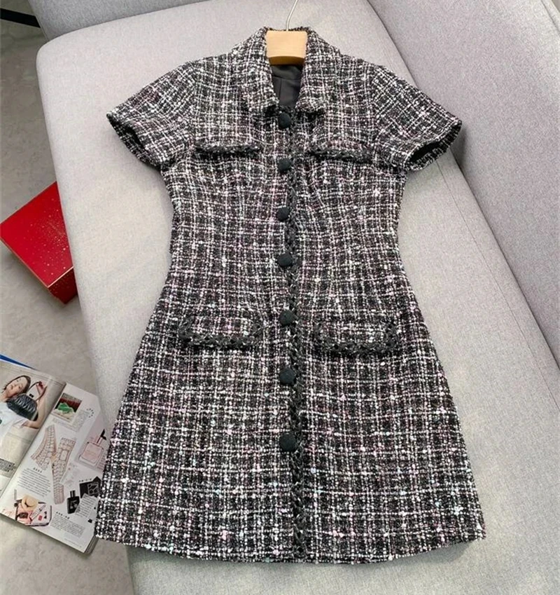 2024 New Arrive Black Color Tweed Women Mini Dress Short Sleeve Turn-Down Collor Opened Single Breasted Lady Dress With Pockets