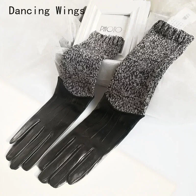 Women's knitted patchwork genuine leather glove lady's warm lining natural sheepskin leather long driving glove