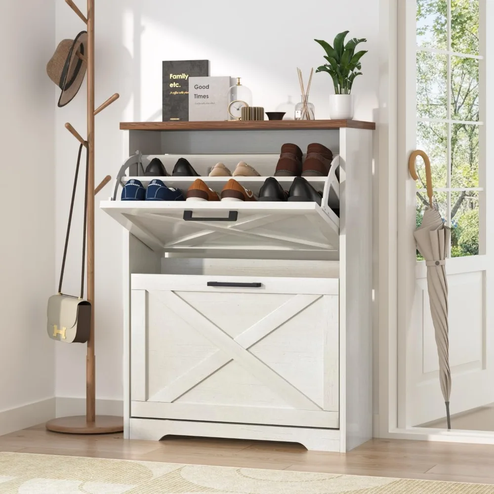 

Shoe Cabinet for Entryway with 2 Flip Drawers, 2 Tier Freestanding, Slim Narrow Shoe Organizer Cabinet for Entryway.
