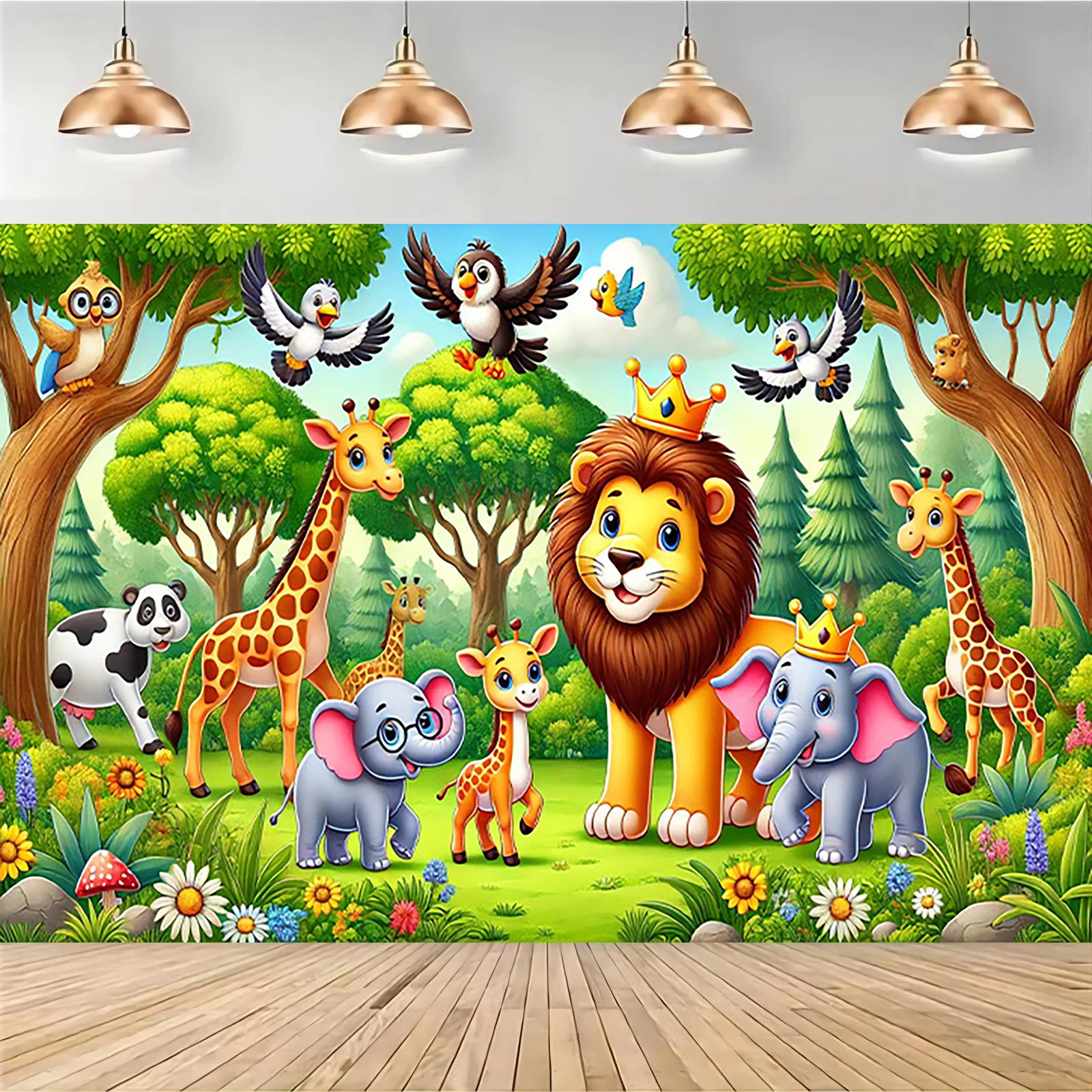 Cartoon Jungle Animal King Lion Tapestry 2D Flat Giraffe Elephant Wall Hanging for Kids Room Nursery Safari Decor Fabric Poster