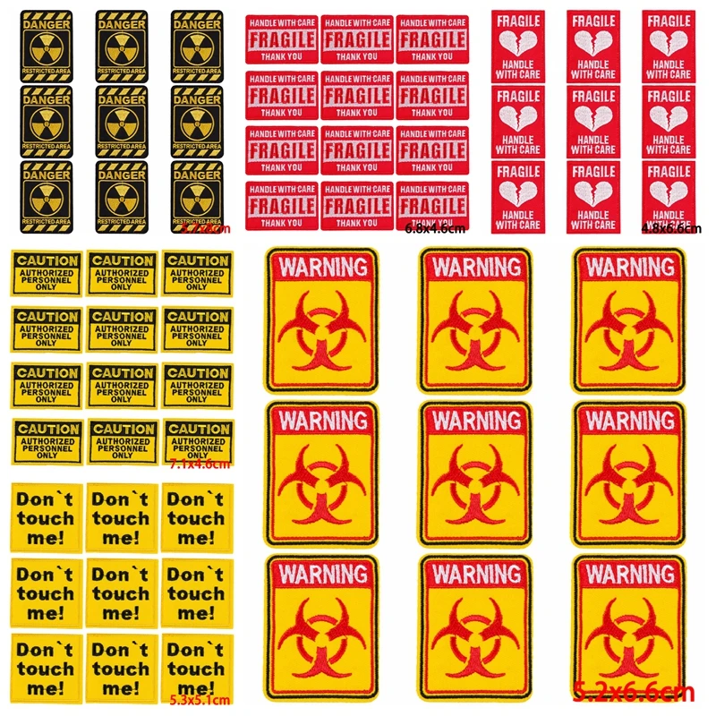 10Pcs/Lot Danger Warning Patch Iron On Embroidery Patches For Clothing Thermoadhesive Patches On Clothes Military Fusible Patch