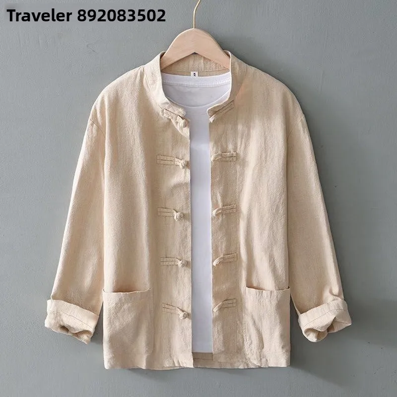 

Loose Fit Cotton Linen Shirt Men's Casual Long Sleeve Stand Collar Button up City Walk Autumn Fashion Retro Style 3D Effect