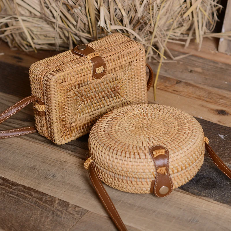 Round Women Shoulder Bag Square Straw Beach Bags Wicker Bali Box Female Crossbody Bag Rattan Woven Summer Handbag Messenger Tote