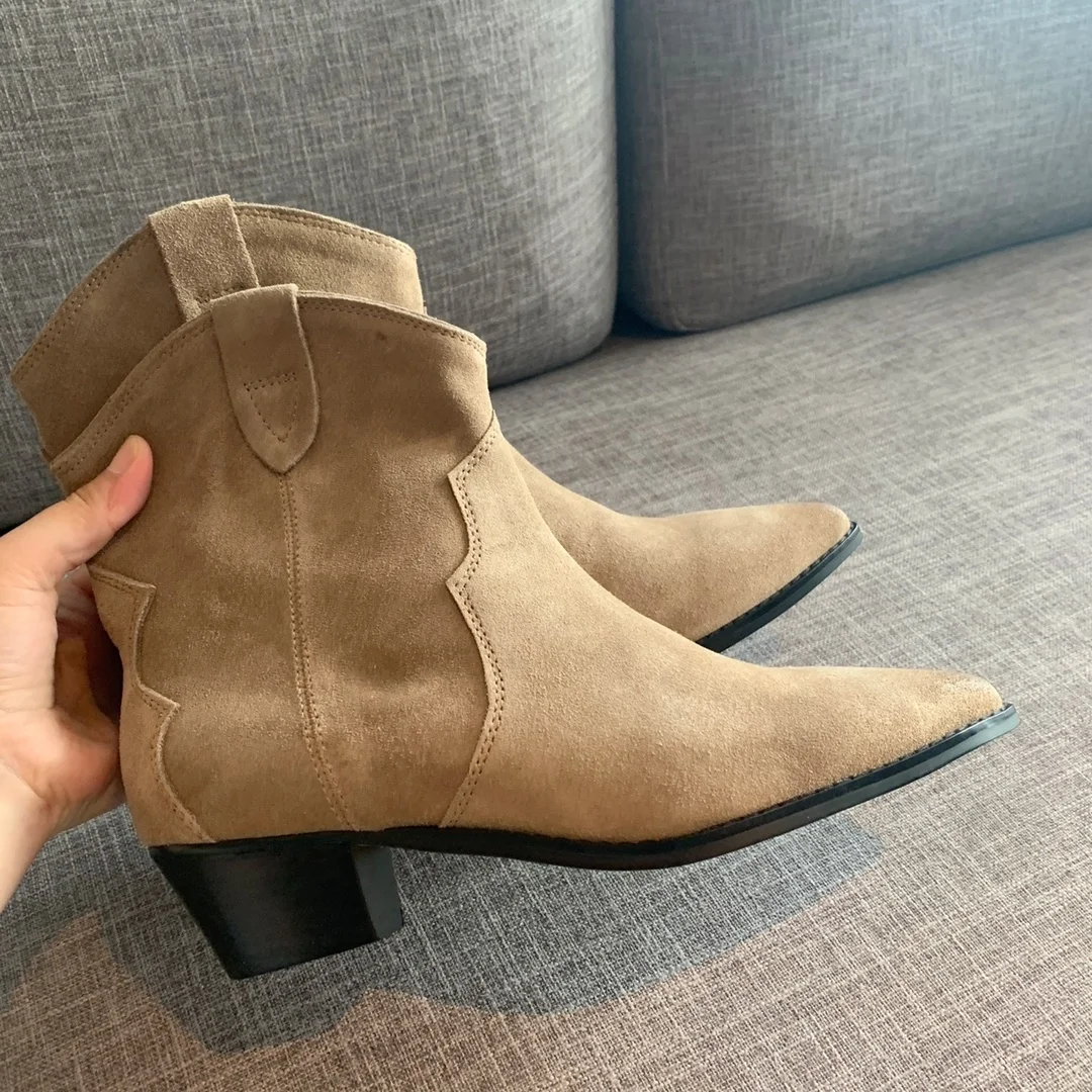 

2025 Winter autumn suede leather ankle short boots tassel washed vintage Chelsea pleated handmade shoes boots booties