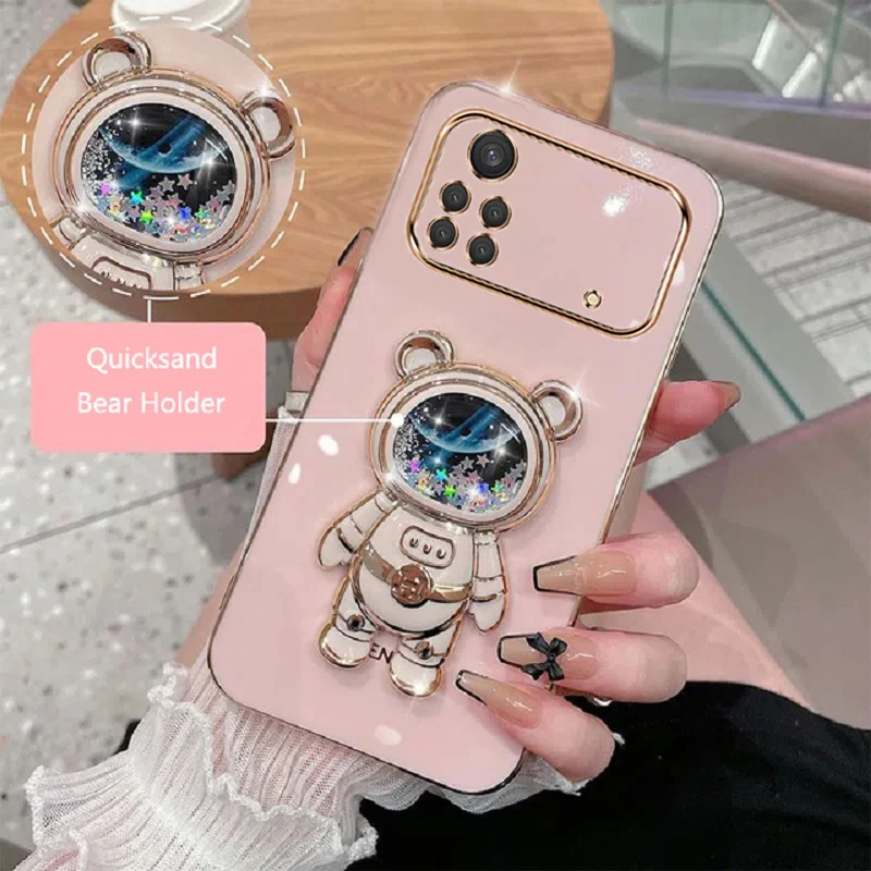 Cartoon Bear Fold Stand For Xiaomi Poco M4 Pro 4G Phone Case Luxury Plating Cover