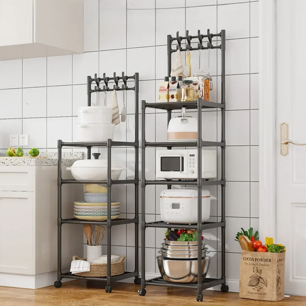 Kitchen Storage Rack with Wheels Microwave Oven Pot Rack Floor Standing with Hooks Multilayer Seasoning Kitchen Storage Shelves