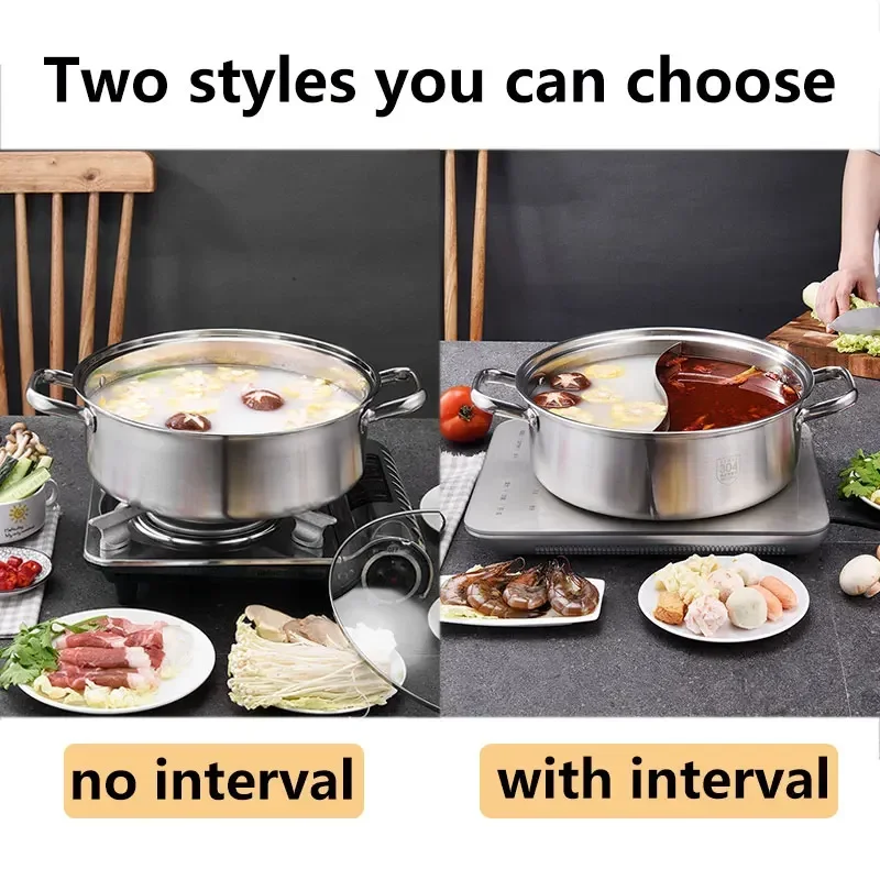 304 Stainless Steel Chinese Hot Pot Thicken 2 In 1 Divided Hotpot with Glass Cover Kitchen Nonstick Cooking Pan Induction Cooker