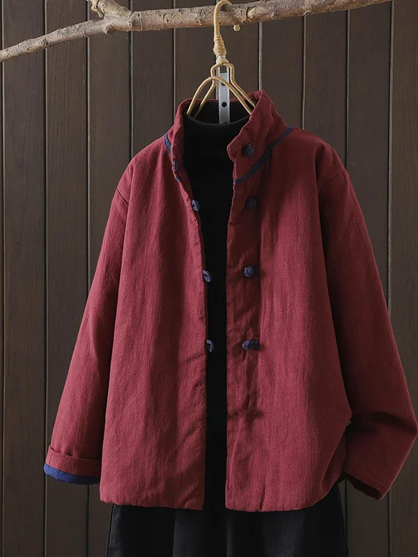 

Thickened Cotton Jacket Women's Winter New Style Retro Warm Loose Cotton Coat Outerwear with Flax Cotton Sandwich Innerlining