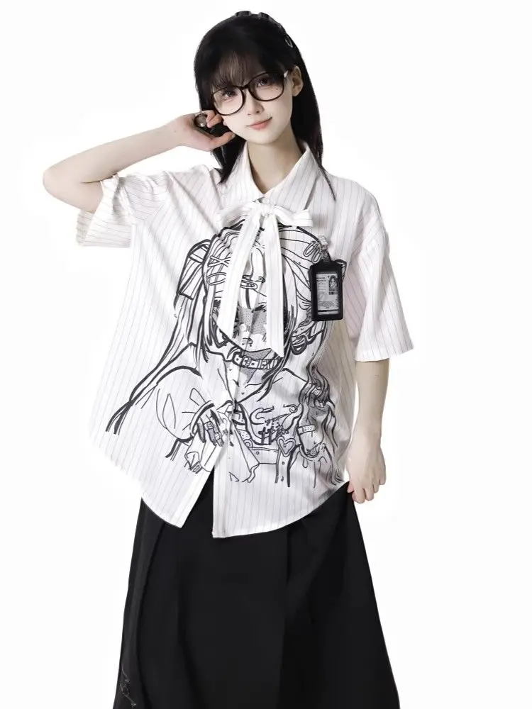 ADAgirl Harajuku Striped Short Sleeve Blouse for Teengirls Japanese Anime Print Shirt with Bow Summer Gothic Punk Cute Clothes