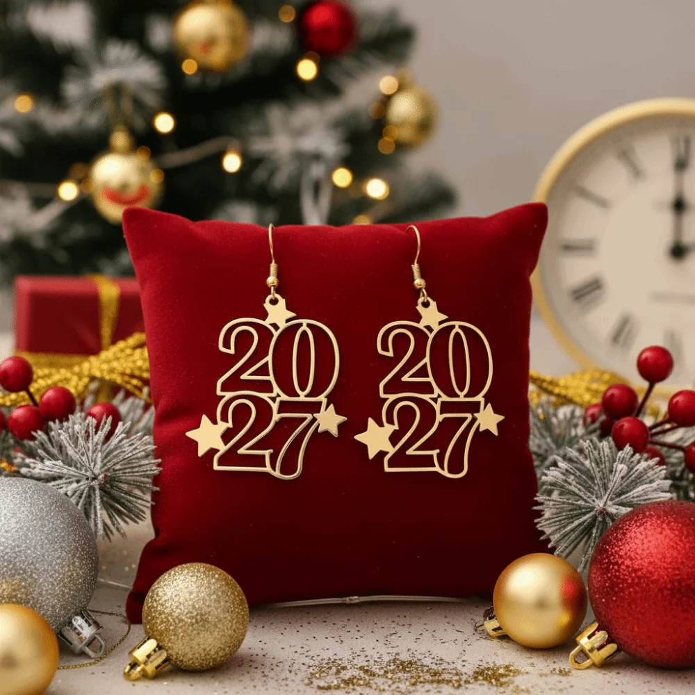 Elegant 2027 Digital Earrings Hollowed-out Fashion Metal Iron Happy New Year Earrings Star Design Long Drop Stud Earrings