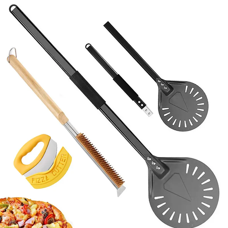 

3Pcs Extra Long Handle Pizza Peel Set with Oven Brush & Wheel Cutter Aluminum Perforated Pizza Turner Spinner Oven Accessories