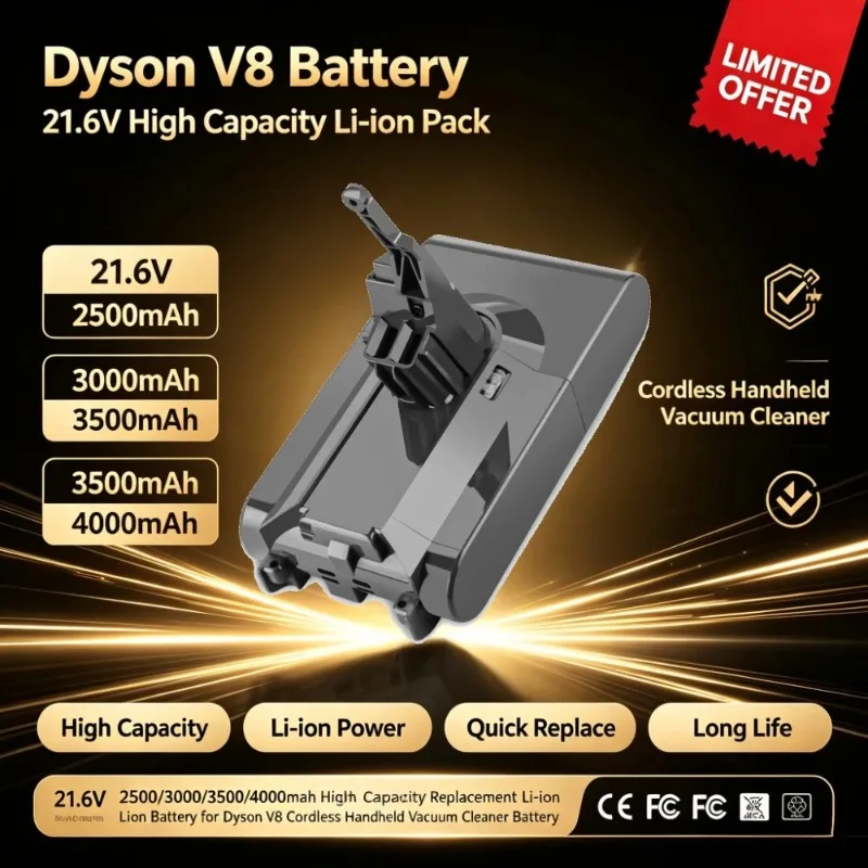 21.6V 2500/3000/3500/4000mAh High Capacity Replacement Li-ion Battery for Dyson V8 Cordless Handheld Vacuum Cleaner Battery