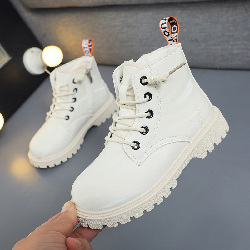 Leather Children Boots Girls Plush Shoes Winter Warm Cotton Sneaker Casual Sports White Pink Lace Up Snow Short Boots for Girl