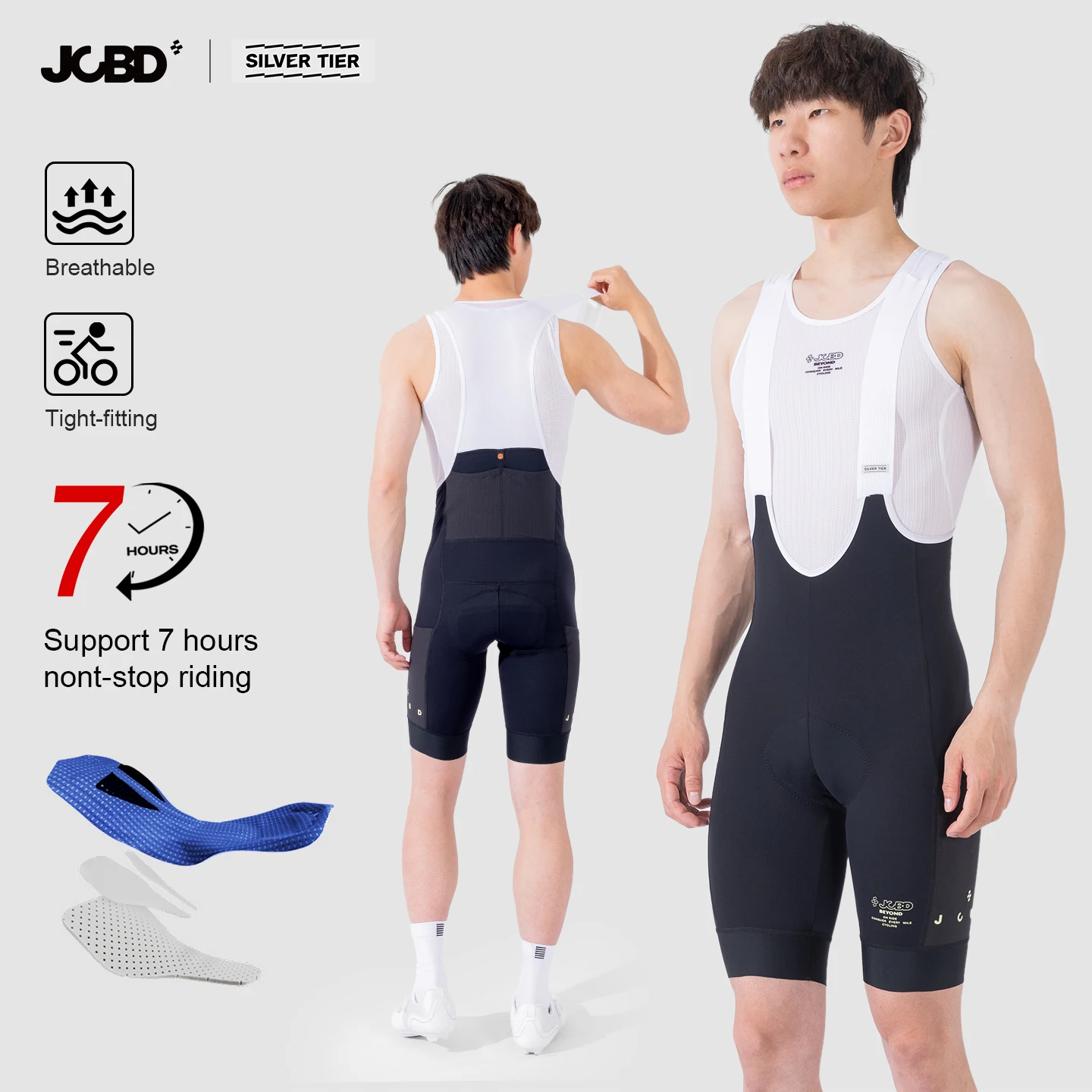 

JCBD Men's Cycling Bib Shorts Slim Fit Italy Chamois Elastic Interface 7 Hour Pro Breathable Shockproof Silver Tire Road Bike