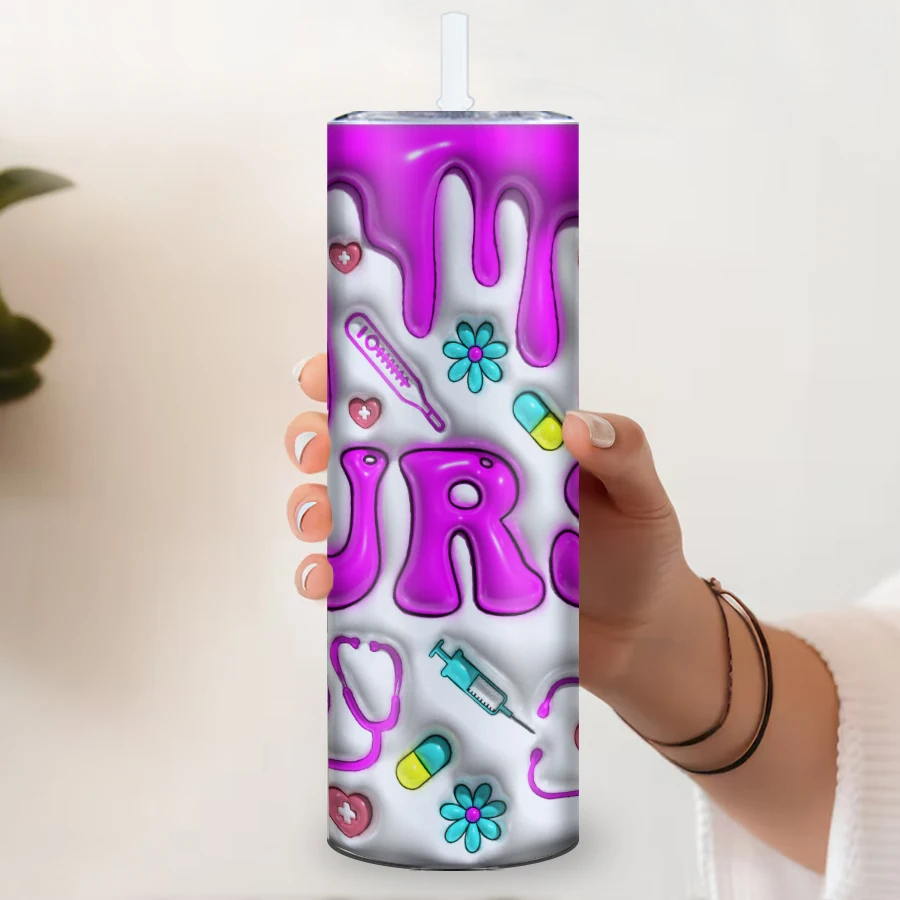 20oz Coffee Straight Tumblers Straw Lid 1Pc Stainless Steel Leak-Proof Car Mug Print 3D Nurse Hot Cold Insulated Water Bottle