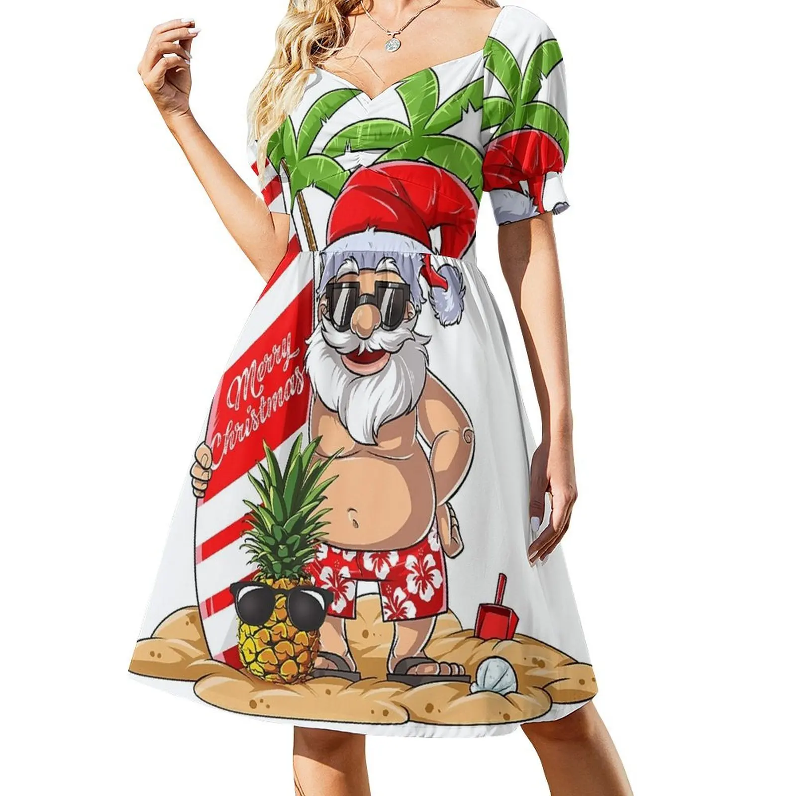 

Christmas in July Santa Hawaiian Surfing Summer Surf Short Sleeved Dress evening dress women women dress Female