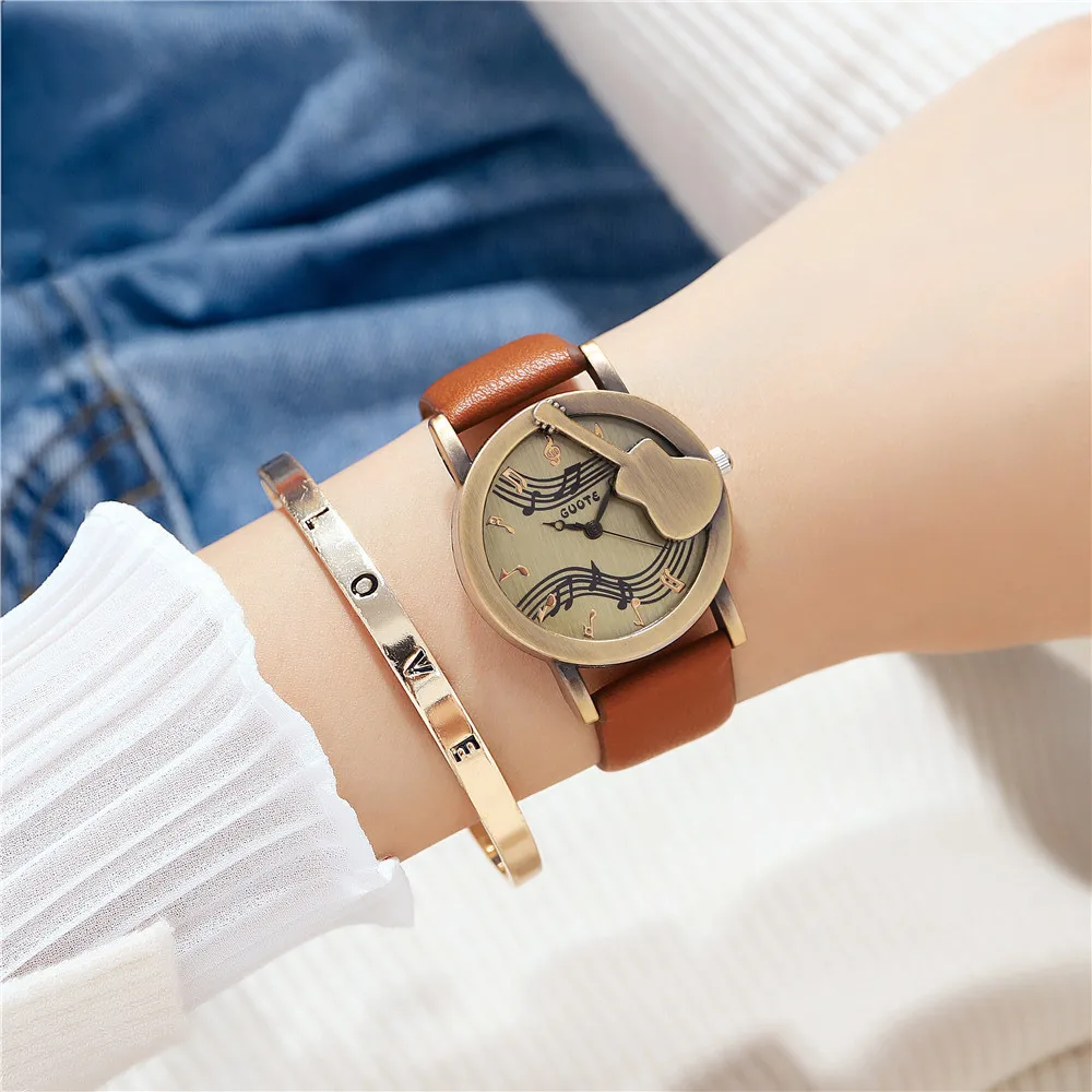 Vintage Leather Women Fashion Quartz Watch Luxury Brand Simple Guitar Female Watches Casual Ladies Wristwatches Reloj De Mujer