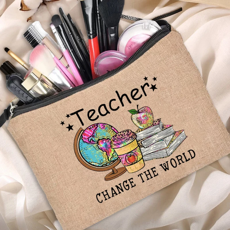 Teacher Change The World-Neceser de lino para maquillaje, Neceser de viaje, organizador de artículos de tocador, bolsa de cosméticos de regreso a la escuela, organizador de viaje