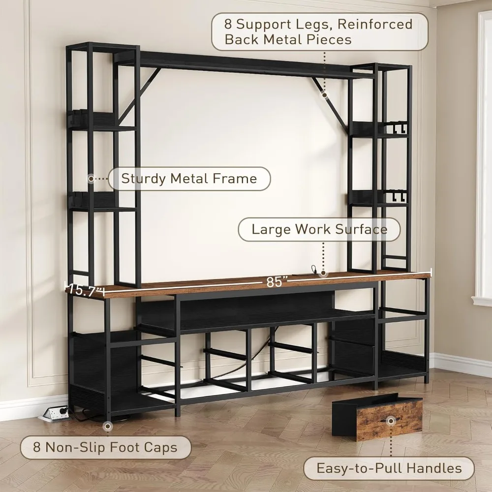 حامل تلفزيون مع منافذ طاقة حتى 65 بوصة، مركز ترفيه وحدة حائط كبيرة LED مع رف كتب، حامل تلفزيون خزانة مع 8 PU Dr