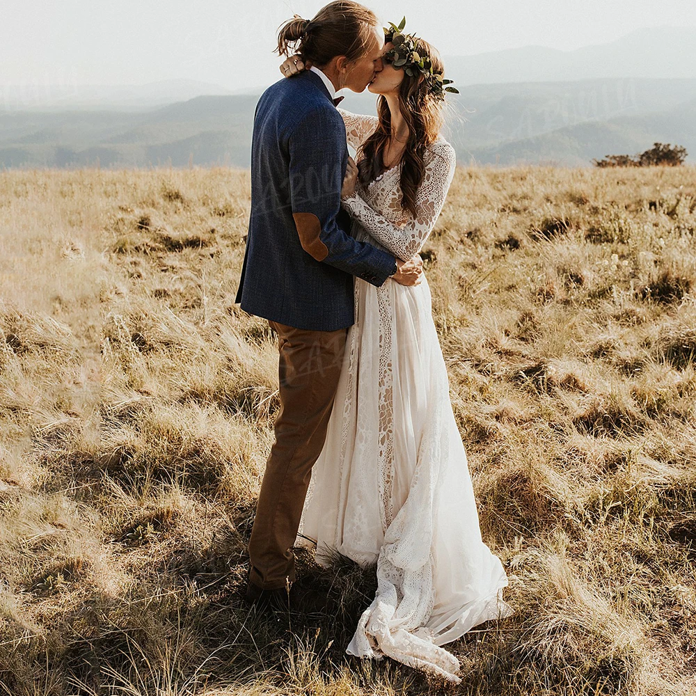 Long Sleeves A Line Boho Wedding Dress Custom Made Chiffon Lace V Neck Backless Rustic Garden Elopement Photography Bridal Gown