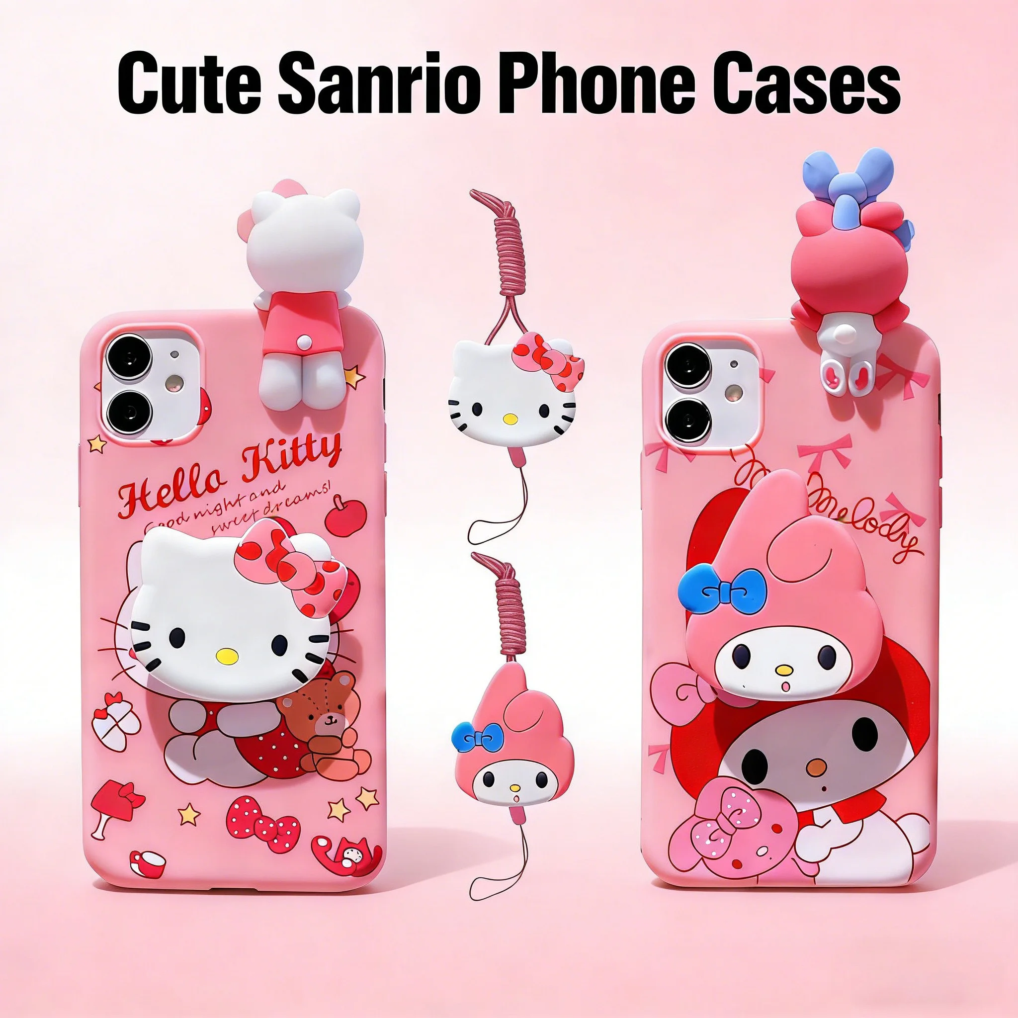 For Samsung Galaxy A17 A07 A16 A06 A26 A56 A04E A05 A05s A15 A25 A35 A55 Bear Hello Kitty Case With Holder Rope