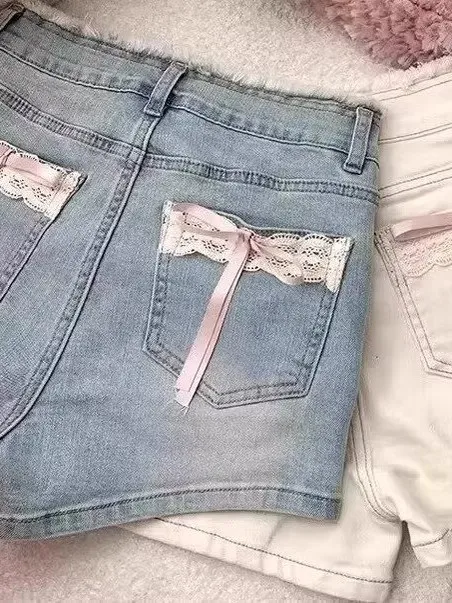 Pantaloni caldi aderenti aderenti a vita alta con nodo in pizzo da donna taglie forti Jeans casual estivi a gamba larga
