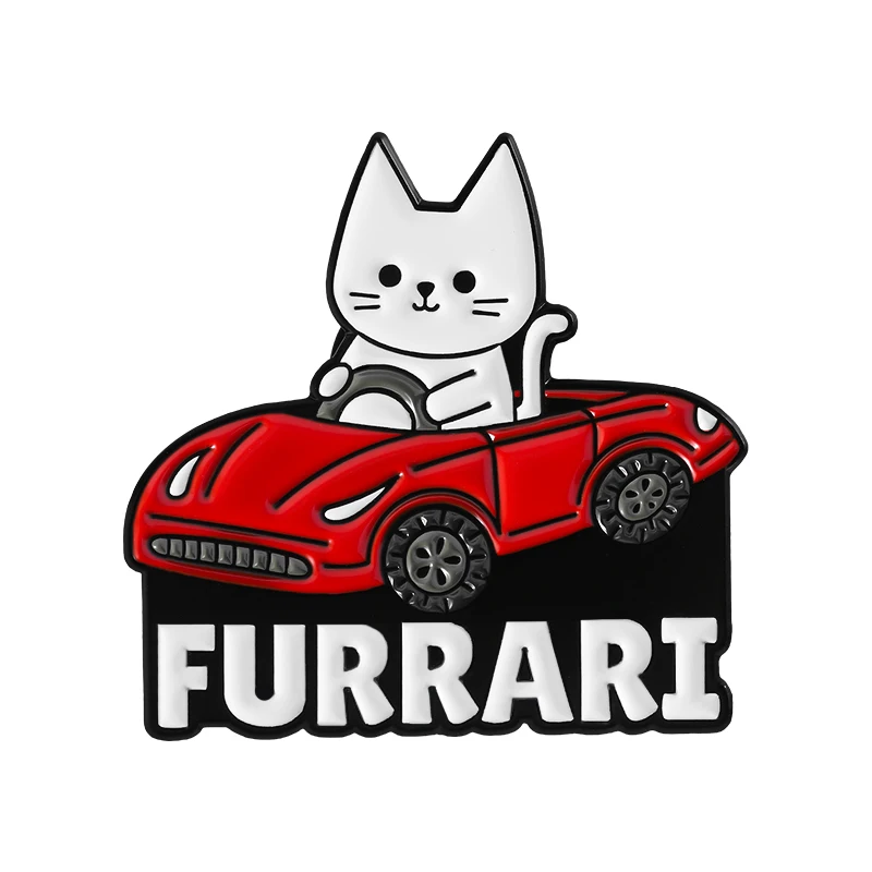 

Cute Cat Driving Car Brooch Enamel Pins Cartoon kitten FURRARI Car Brooches Backpack Lapel Pins Badge Accessories Jewelry Gifts
