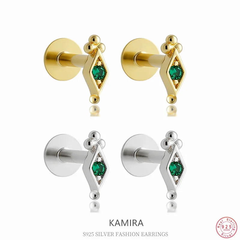 KAMIRA 925 Sterling Silver Punk Vintage Beads Green Zircon Screw Earrings for Women Party Gothic Chic Mini Exquisite Jewelry New