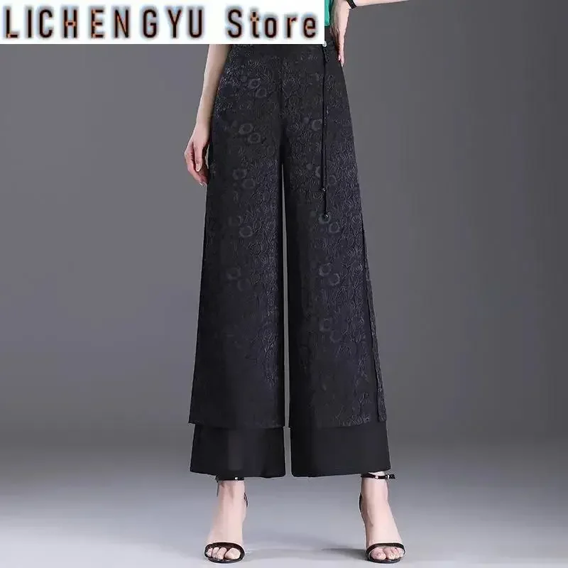 Double Layer Jacquard Chiffon Wide Leg Pants Female Side Split Thin Pants Summer High Waist Trousers Ladies Casual pants