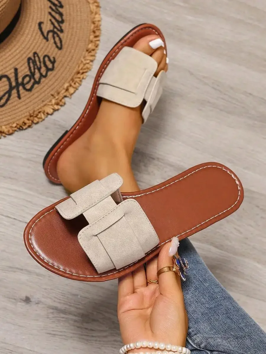 Womens Casual Flat Slip-On Sandals With Buckle Strap For Summer Beach