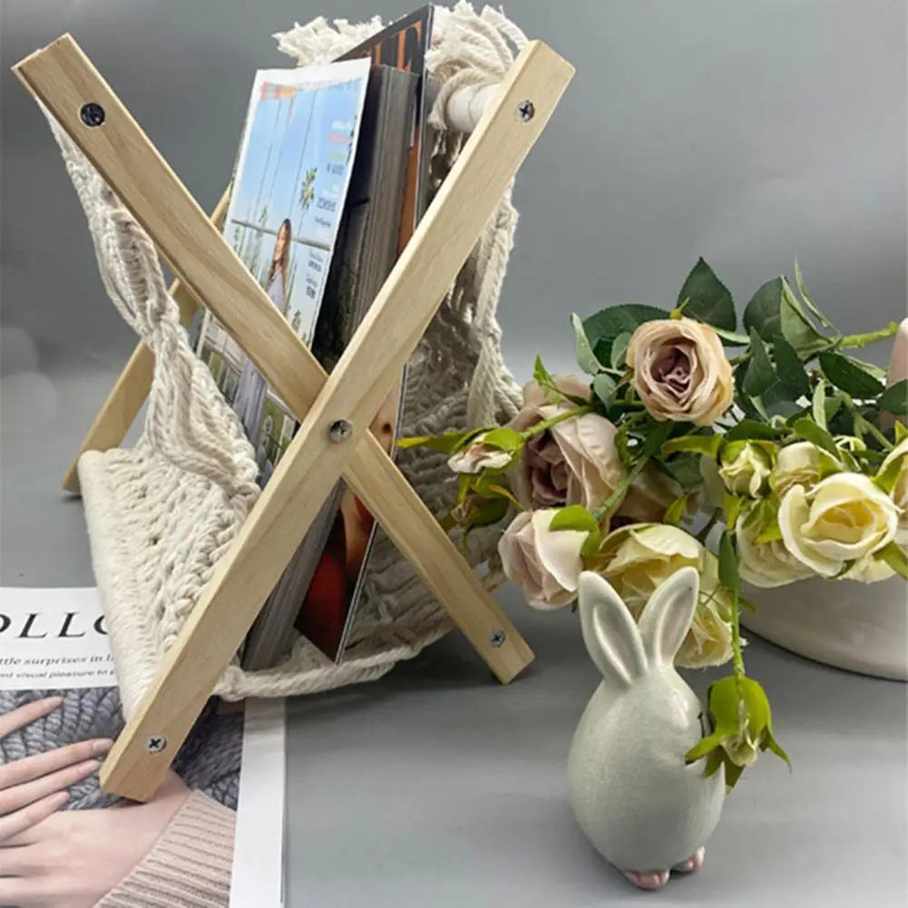 Book Rack Cotton Rope Magazine Stand Boho Magazine Rack Holder Standing Basket Storage Organizer with Wooden Stand for Home