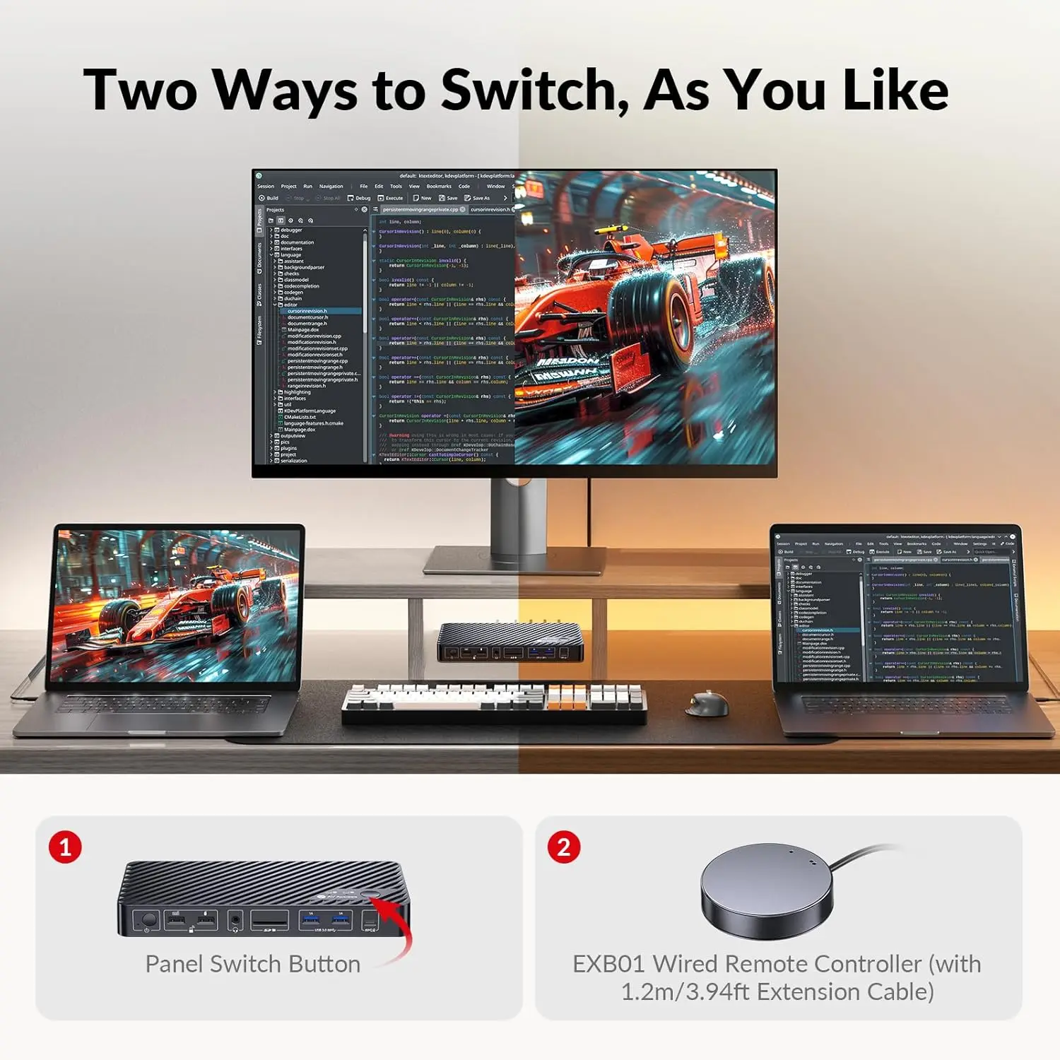 AV Access Docking Station KVM Switch 2 Monitors 2 Laptops, 4K KVM Switch Dual Monitor, 100W Charge, 1G Ethernet, EDID(KD-E20)