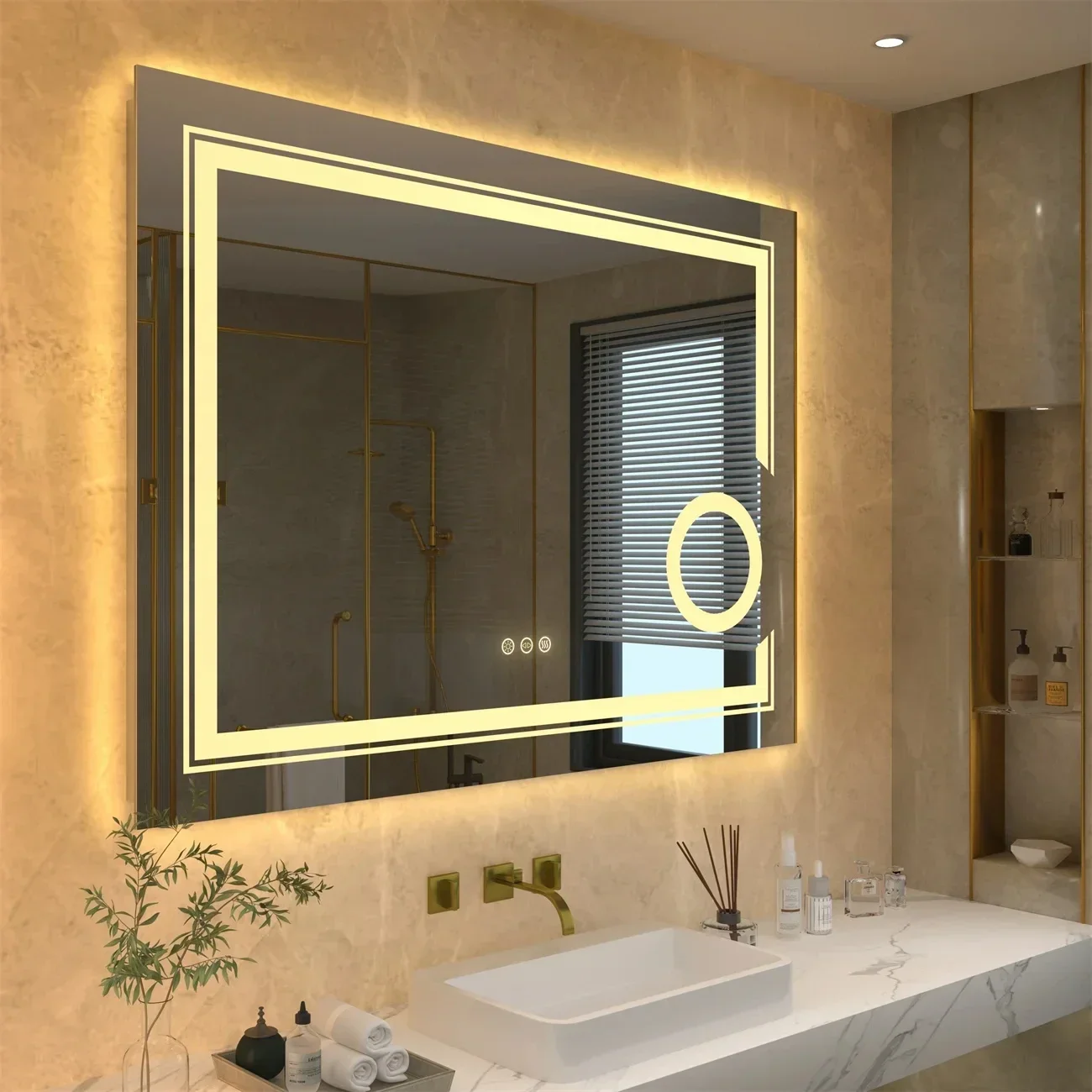 LED-beleuchteter intelligenter Badezimmerspiegel, 3-fach beleuchtete Lupe, Wandmontage, weißes Licht, vordere Hintergrundbeleuchtung, dimmbar, beschlagfrei, horizontal