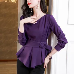 Frauen Mode Lavendel lila Tops weibliche schicke Gürtel Taille Rückzug einfache französische Vintage-Shirts elegante dicke Bluse