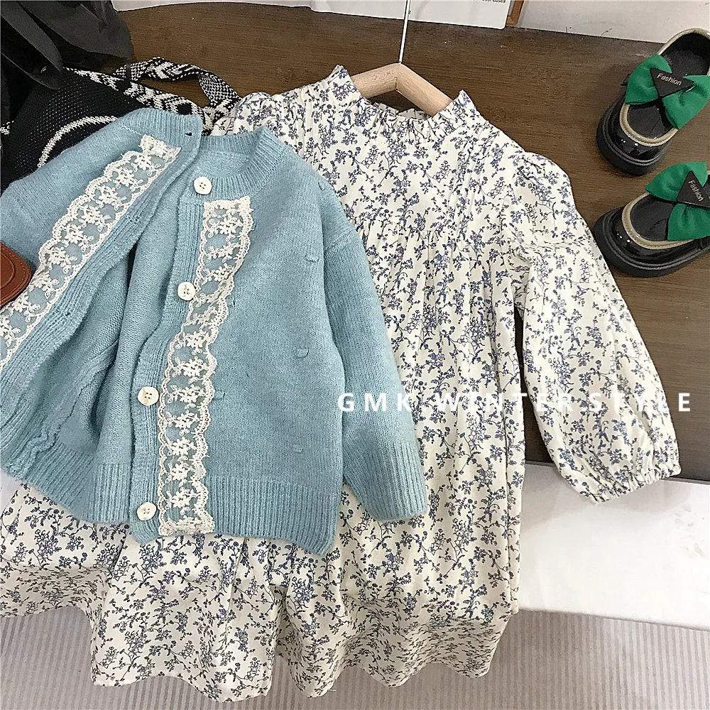 

Korean children's clothing autumn clothing girls floral dress girl baby lace top knitted jacket