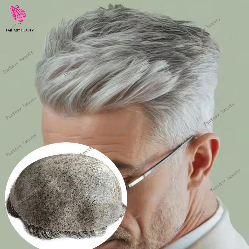 

Мужской парик-накладка из натуральных индийских волос 1B50 1B65 1B80, серо-черный, невидимый, 0.1 мм, микропарик, мягкий, незаметный, для мужчин