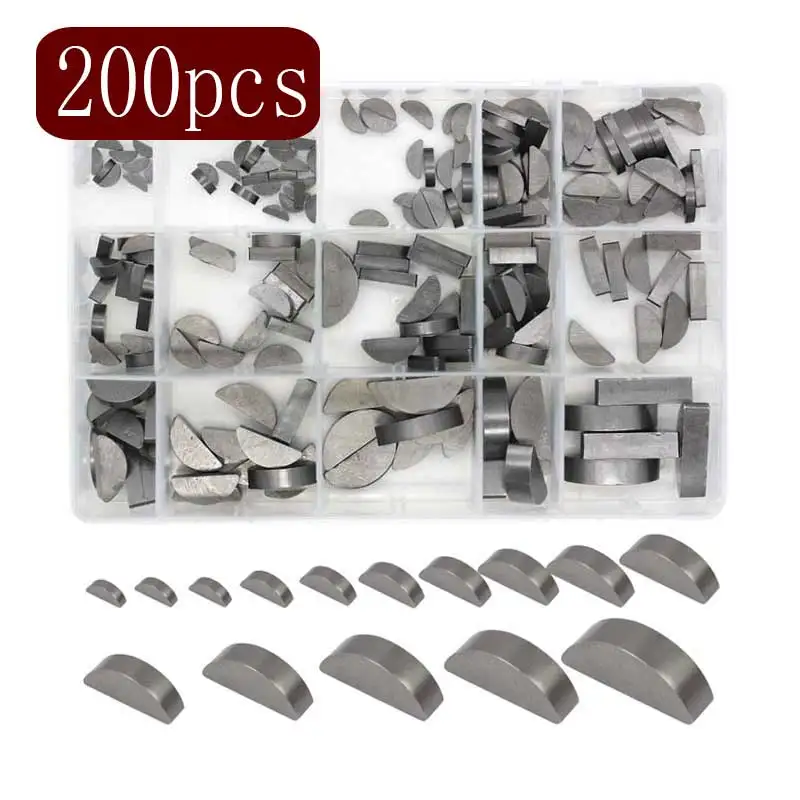 200pcs Woodruff Key Assortment Set 15 Popular Sizes Carbon Steel Woodruff-key Kit Flywheel Pulley Crank Way Half Moon Key Keyway