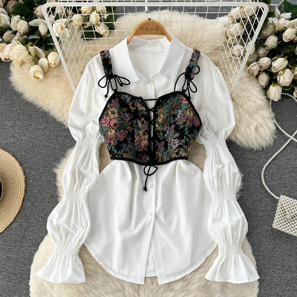 

Elegant Bubble Sleeves White Shirt Dress Autumn Women's Fragmented Flower Strap Tank Top Two Piece Set