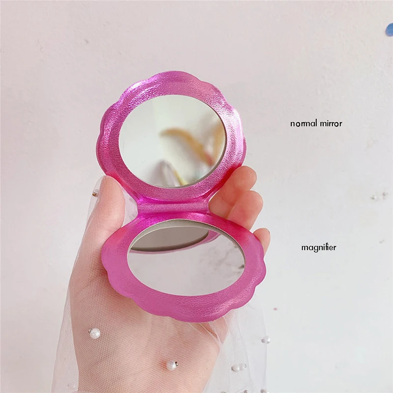 Shell Forma Maquiagem Espelho, Vaidade Portátil, Laser Dobrável, Espelho de Bolso, Cosméticos Mão Espelho Compacto, 2X Ampliação