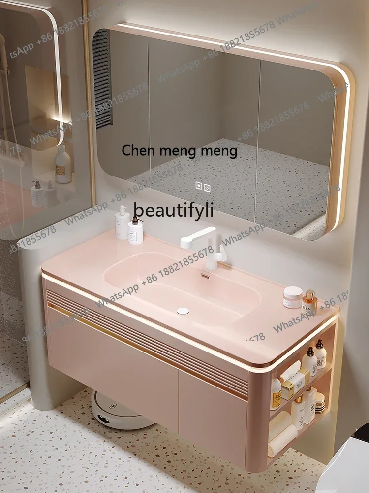 

xqLight Luxury Bathroom Cabinet Ceramic Whole Washbin Combination Oak Wash Basin Pink Bathroom Wash Basin Cream Style