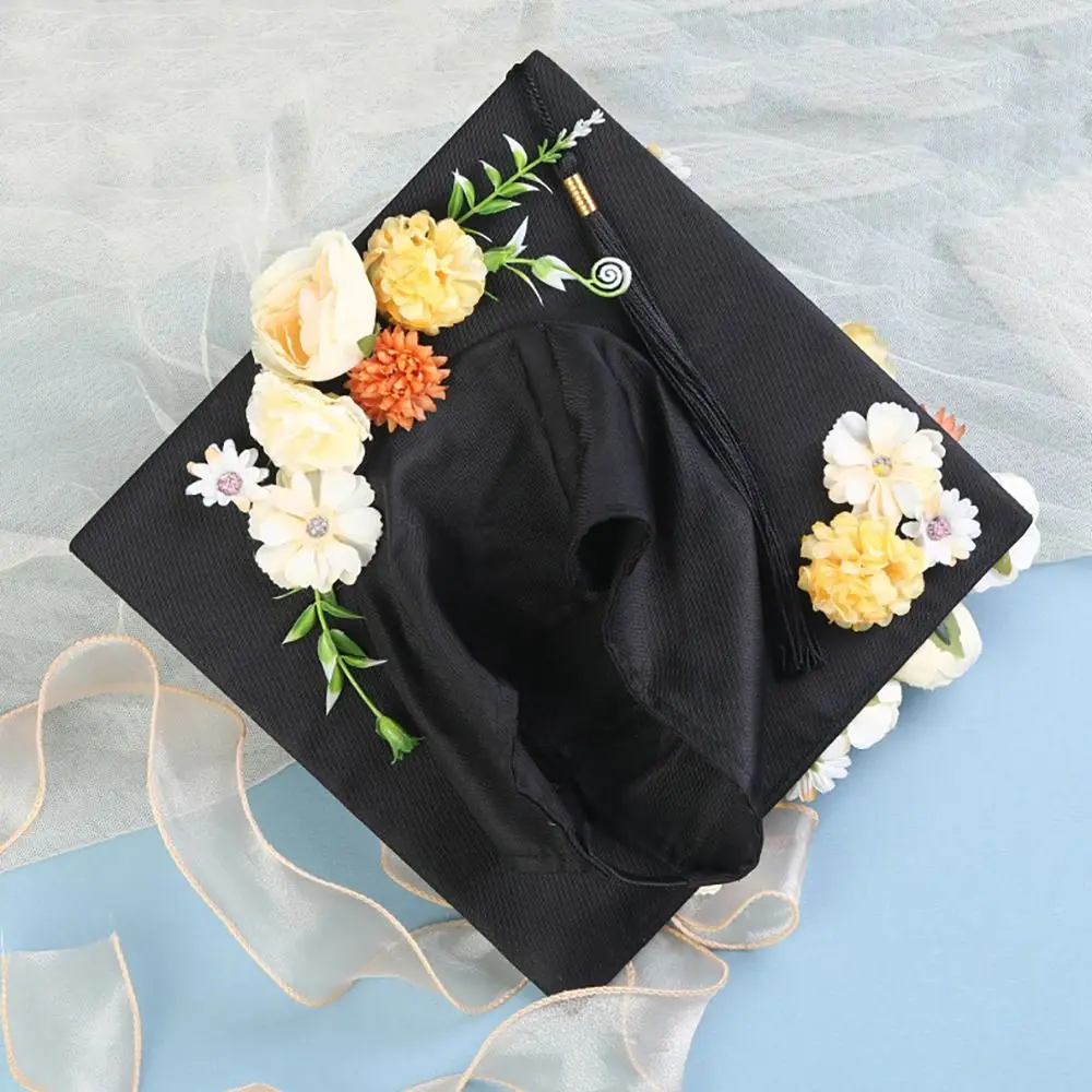 Headwear Doctor Flowers Graduation Cap Bachelor Master Trencher Cap Adjustable Fringe Mortar Board College