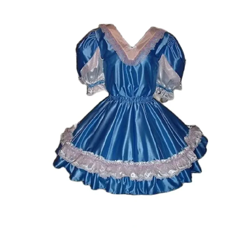 Sexy Adult Customized Gothic Costume Cross Dressing Girl Maid Blue Satin Heart Shaped Neckline Shoulder Fluffy Skirt Fold Dress