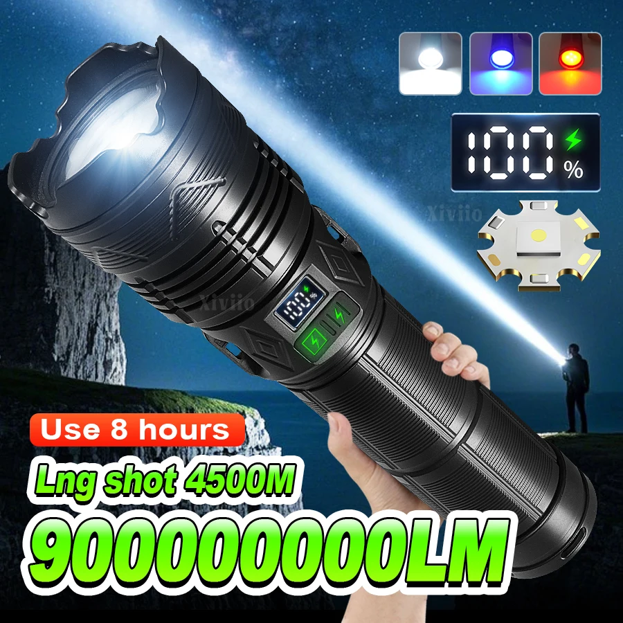 

90000000LM Ультра яркий светодиодный фонарик с цифровым электронным дисплеем, перезаряжаемый фонарь, тактический масштабируемый фонарик для кемпинга и улицы