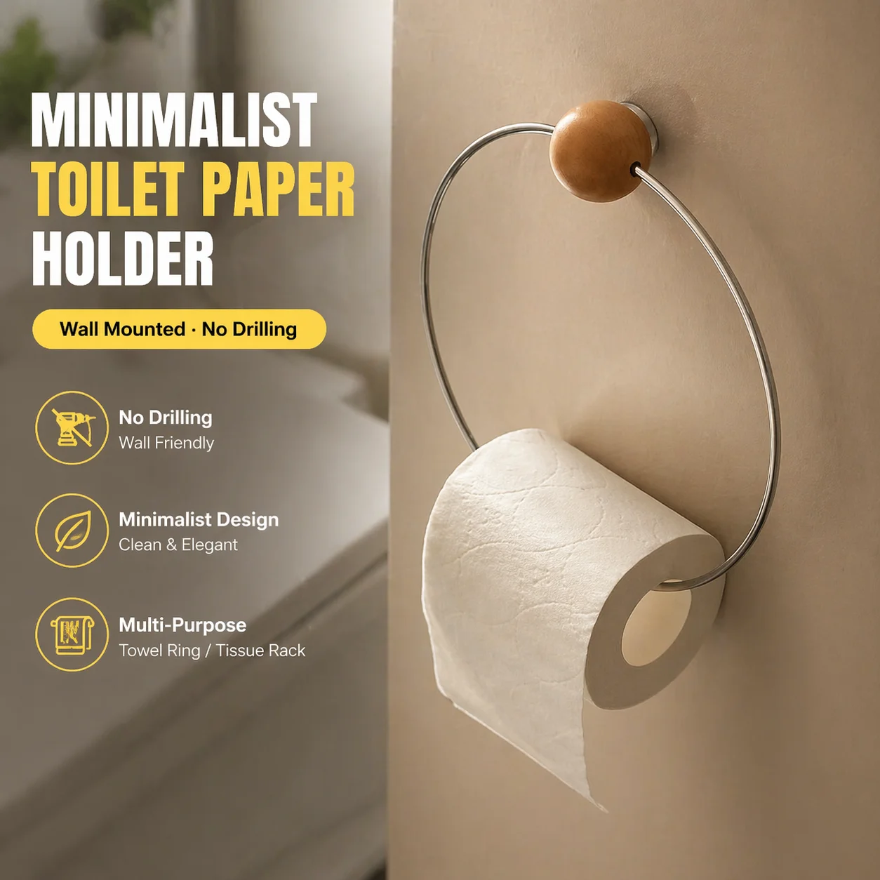 

Nordic Wooden Paper Holder Luxury Metal Ring Towel Rack No Drilling Wall Mounted Bathroom Kitchen Tissue Roll Holder Decor